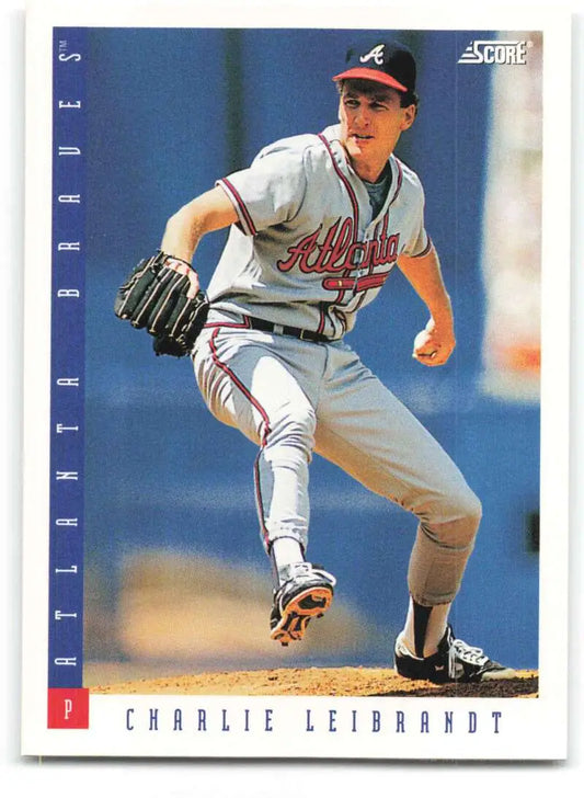 Charlie Leibrandt mid-pitch in Atlanta Braves uniform on 1993 baseball card