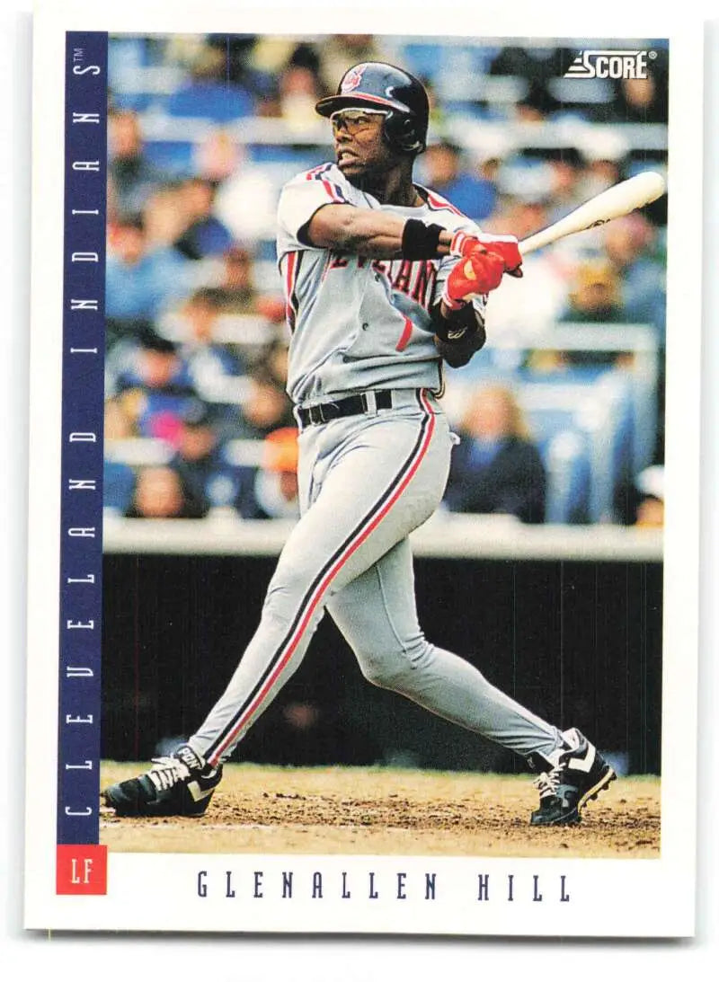 Baseball card of Glenallen Hill batting in gray away uniform for Cleveland Indians