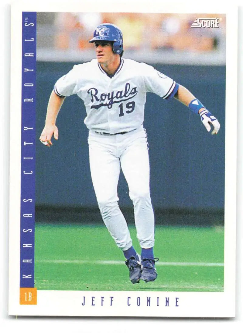 Kansas City Royals player Jeff Conine in white uniform on 1993 Score baseball card