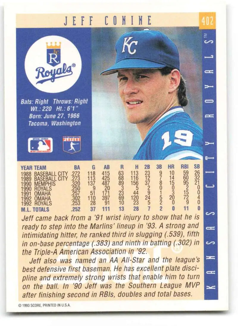 Kansas City Royals Baseball Card of Jeff Conine in blue cap and uniform