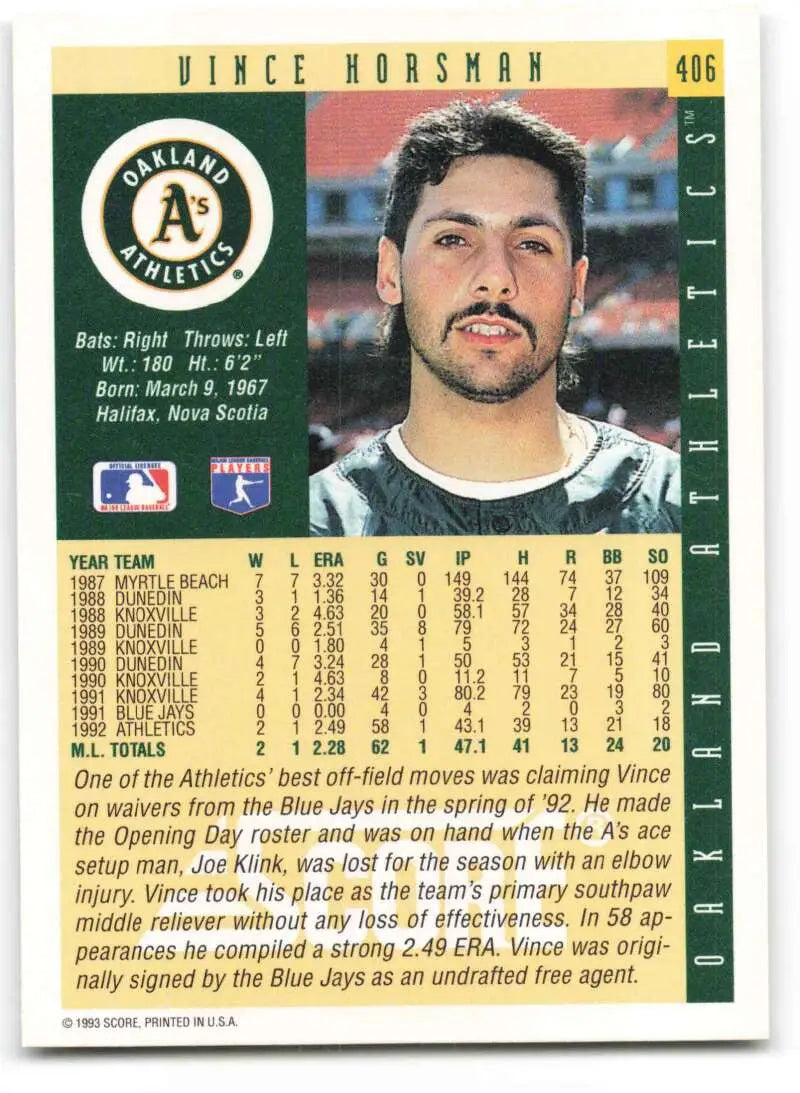 Baseball card of Vince Horsman from the Oakland Athletics featuring player stats