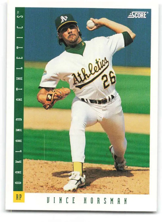 Baseball card of Vince Horsman, Oakland Athletics pitcher, in mid-throwing motion