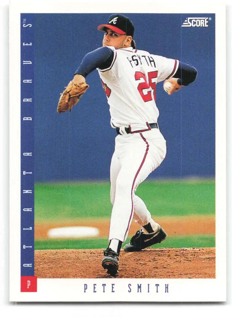 Baseball card of Pete Smith pitching in Atlanta Braves home uniform mid-delivery