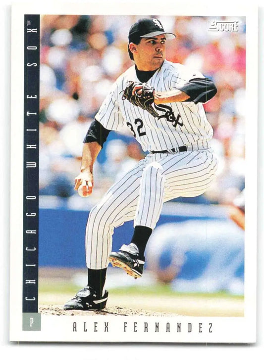 Baseball player Alex Fernandez pitching in Chicago White Sox pinstriped uniform