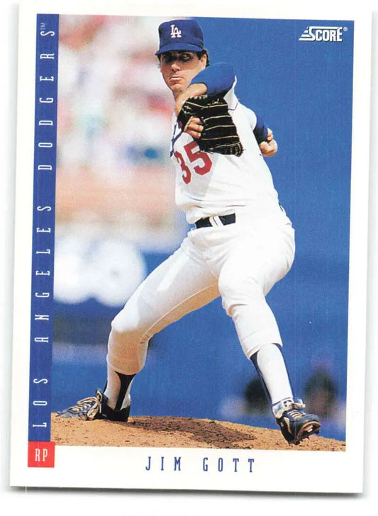 Baseball card of Jim Gott, Los Angeles Dodgers pitcher in delivery wearing number 36