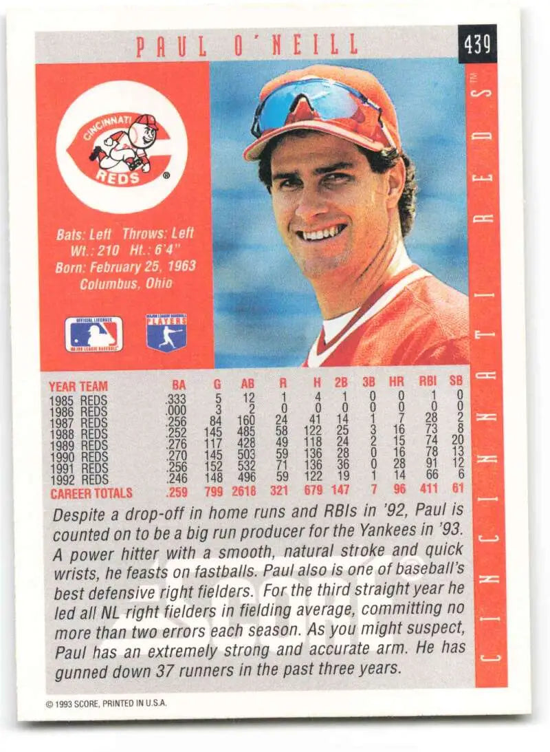 Baseball card of Paul O’Neill in red uniform for Cincinnati Reds baseball