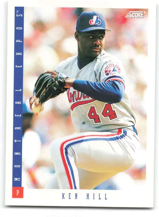 Montreal Expos baseball card of Ken Hill pitching wearing number 44 mid-delivery