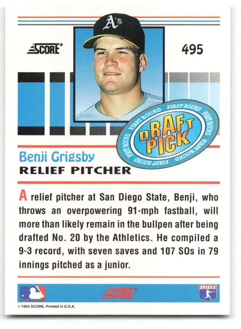 Baseball card of Benji Grigsby, Oakland Athletics relief pitcher from Score