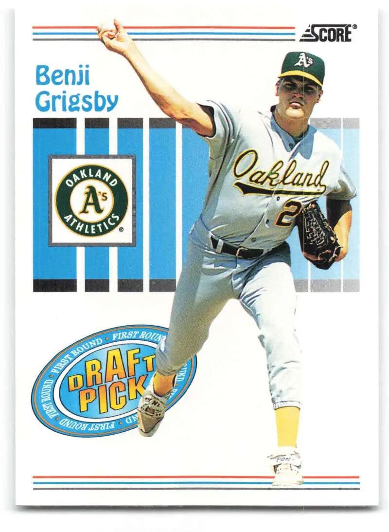 Baseball card of Benji Grigsby, Oakland Athletics pitcher in white and green uniform