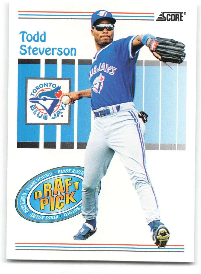 Baseball card of Todd Steverson in mid-throw for Toronto Blue Jays 1993 Score #496