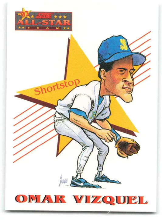 Baseball player illustration of Omar Vizquel in fielding stance for Seattle Mariners card