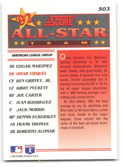 Omar Vizquel Seattle Mariners All-Star Baseball Card from 1993 Score Trading Cards