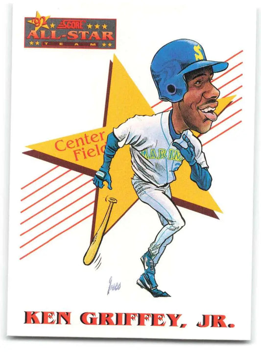 Baseball player illustration in Seattle Mariners uniform for Ken Griffey baseball card