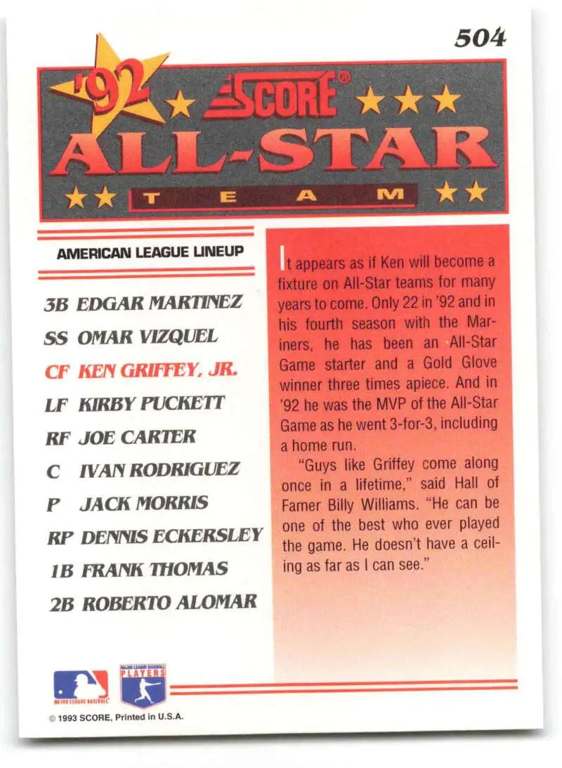 1992 Score Ken Griffey Jr. All-Star baseball card for Seattle Mariners lineup