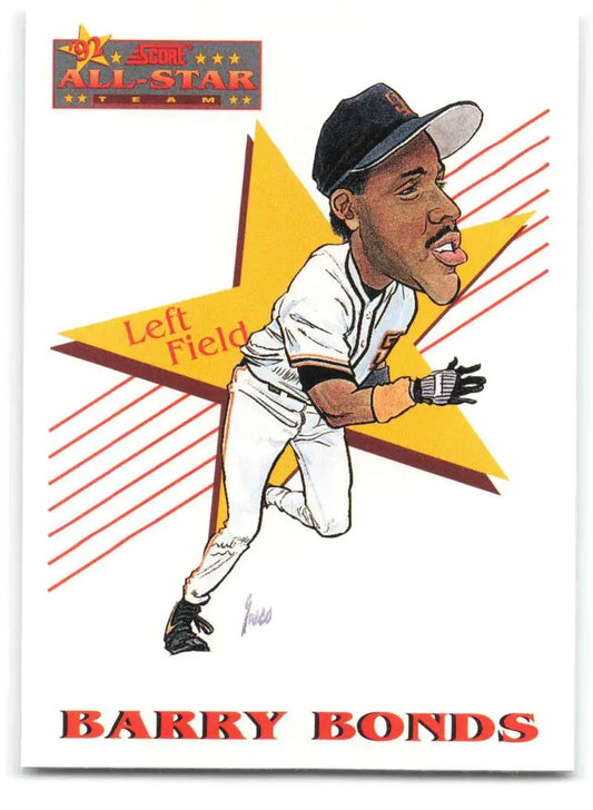 Baseball player illustration in white uniform and black cap for Barry Bonds San Francisco Giants card