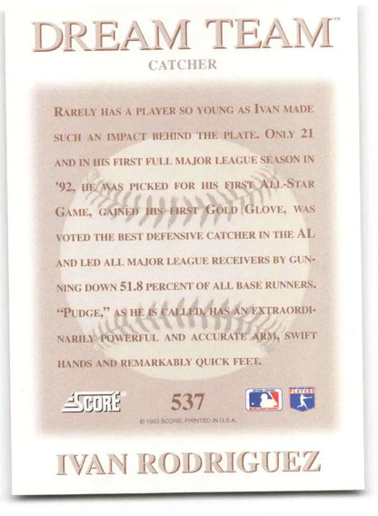 Ivan Rodriguez Texas Rangers baseball card showcasing catcher defensive achievements and stats