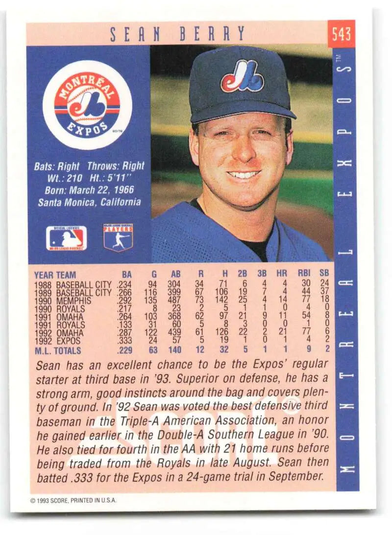 Sean Berry baseball card showcasing Montreal Expos player in blue cap with logo