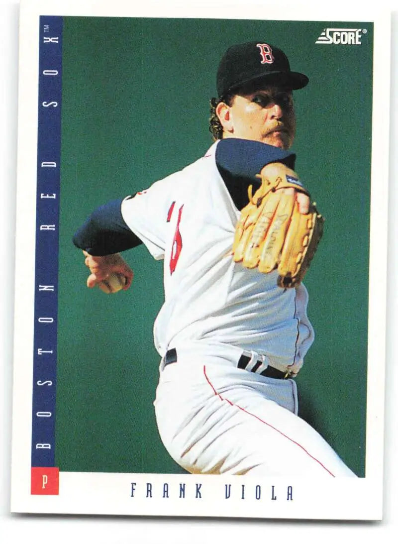 Boston Red Sox Baseball Card of Frank Viola in mid-throwing motion wearing home uniform