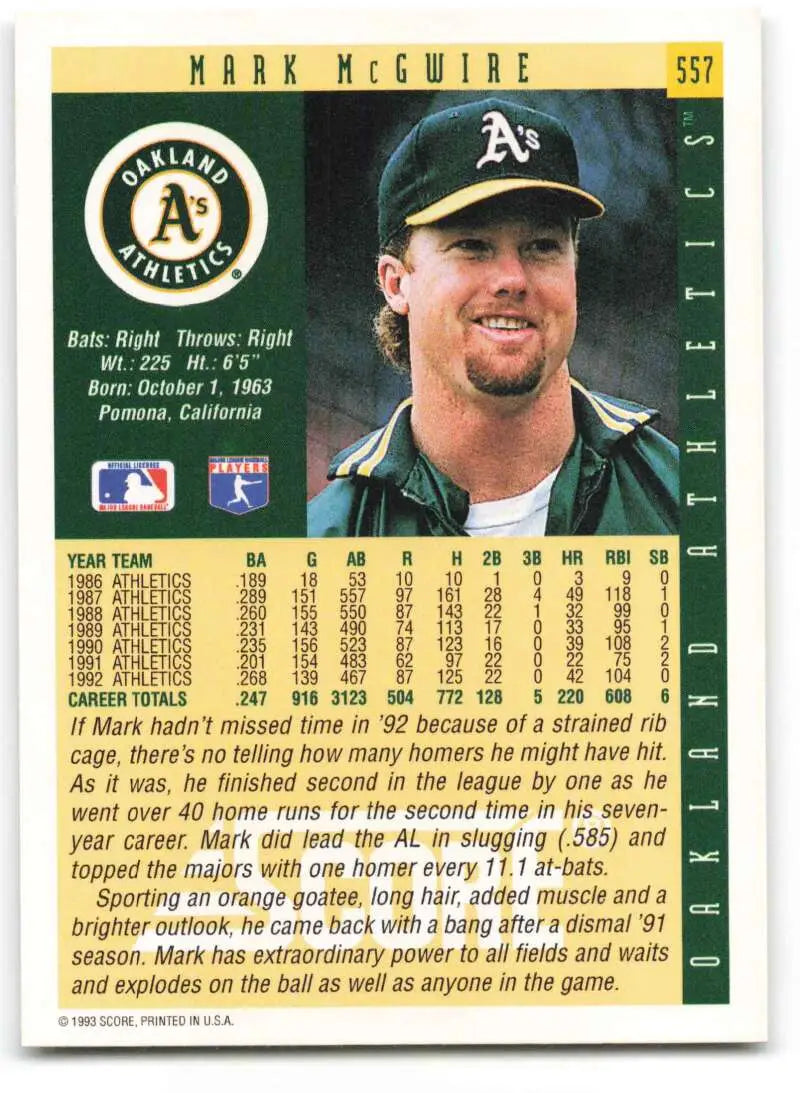 Mark McGwire 1993 Score #557 Baseball Card, Oakland Athletics player in green jersey