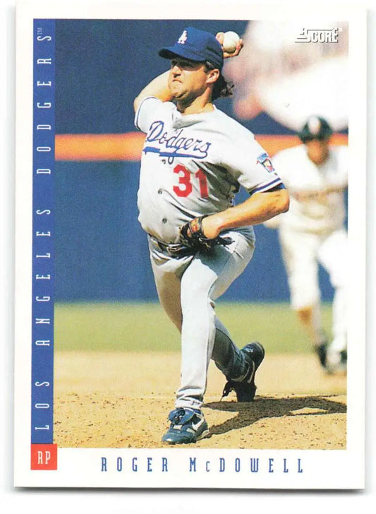 Baseball card of Roger McDowell, Los Angeles Dodgers pitcher in delivery motion