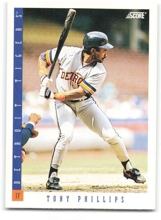 Tony Phillips at the plate on a 1993 Score Detroit Tigers Baseball Card