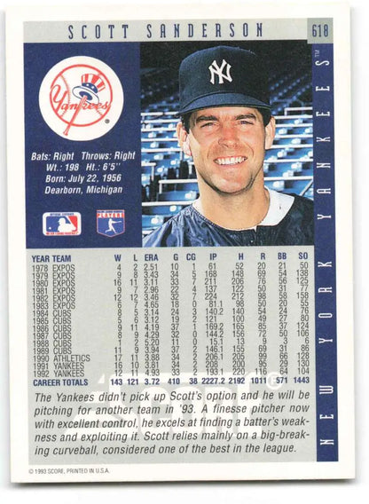 Scott Sanderson New York Yankees Baseball Card on blue background 1993 Score #618