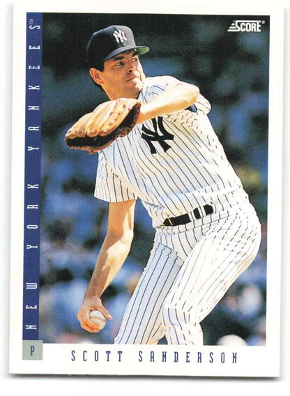 Baseball card of Scott Sanderson pitching for the New York Yankees in pinstripes