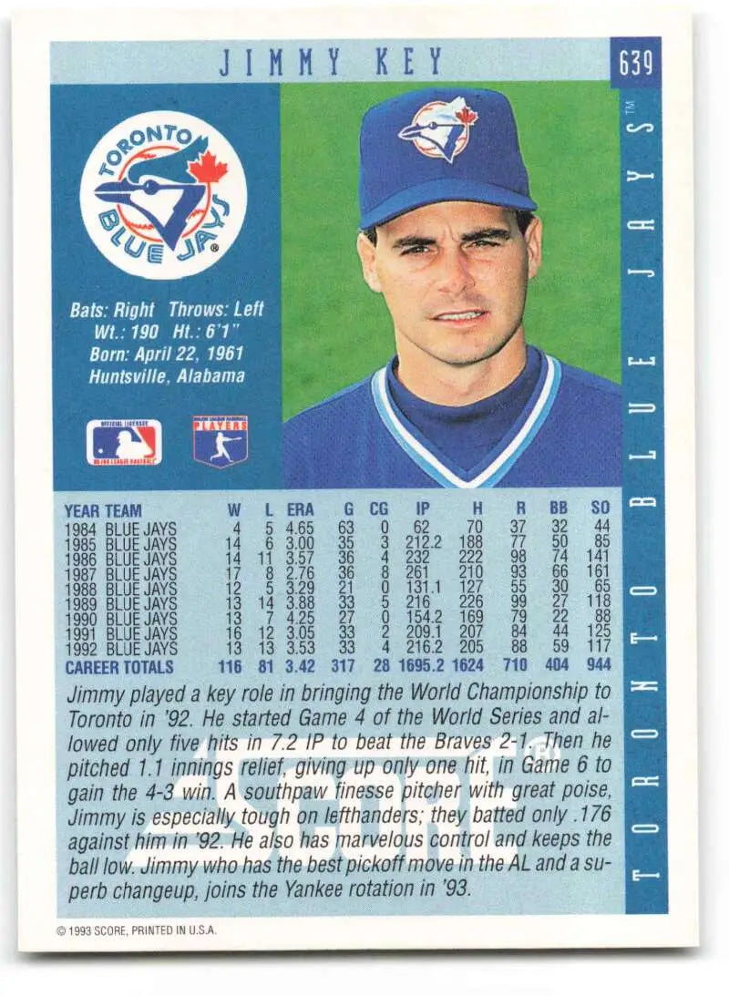 1993 Score #639 Jimmy Key Toronto Blue Jays baseball card with statistics and logo