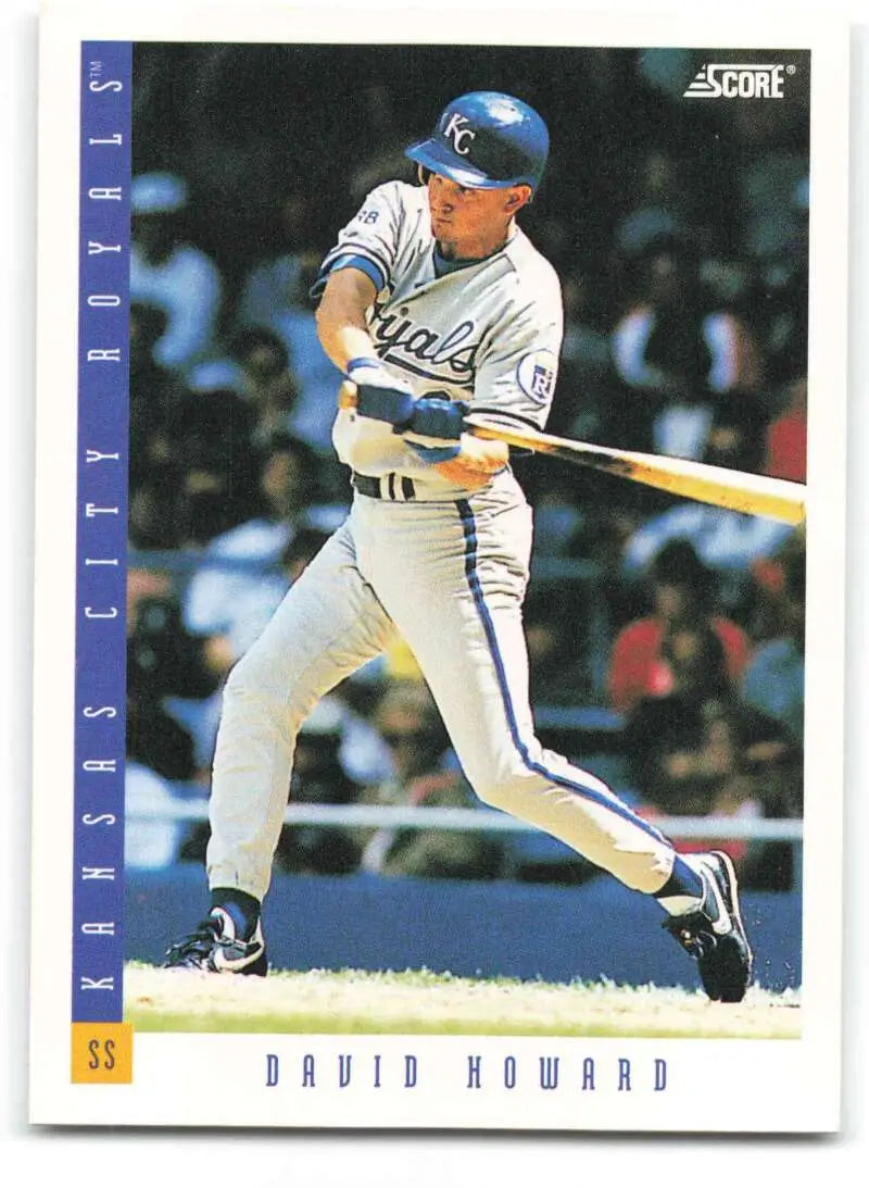 Baseball card of David Howard swinging bat in Kansas City Royals gray road uniform