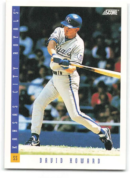Baseball card of David Howard swinging bat in Kansas City Royals gray road uniform
