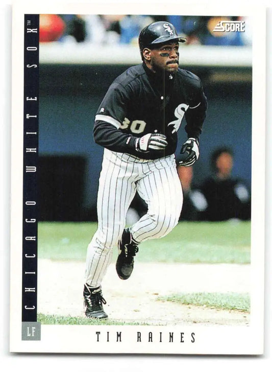 Baseball card of Tim Raines running for the Chicago White Sox in pinstriped uniform