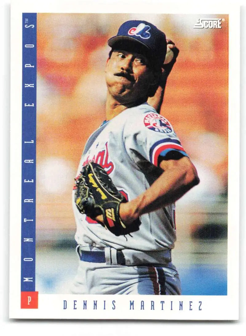 Baseball card of Dennis Martinez mid-throw for Montreal Expos in 1993 Score #75
