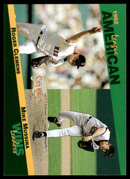 Baseball card of Roger Clemens making fielding plays for the Boston Red Sox