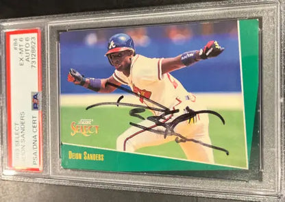 Deion Sanders autographed baseball card in case, 1993 Select Atlanta Braves PSA certified