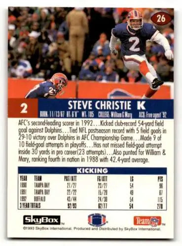 1993 SkyBox Impact #26 Steve Christie Buffalo Bills Football Card with original gloss