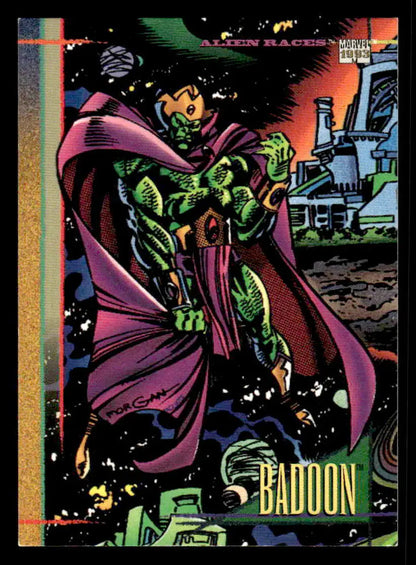 Collectible SkyBox Marvel Universe trading card featuring green-skinned alien Badoon against cosmic background