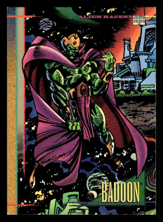 Collectible SkyBox Marvel Universe trading card featuring green-skinned alien Badoon against cosmic background