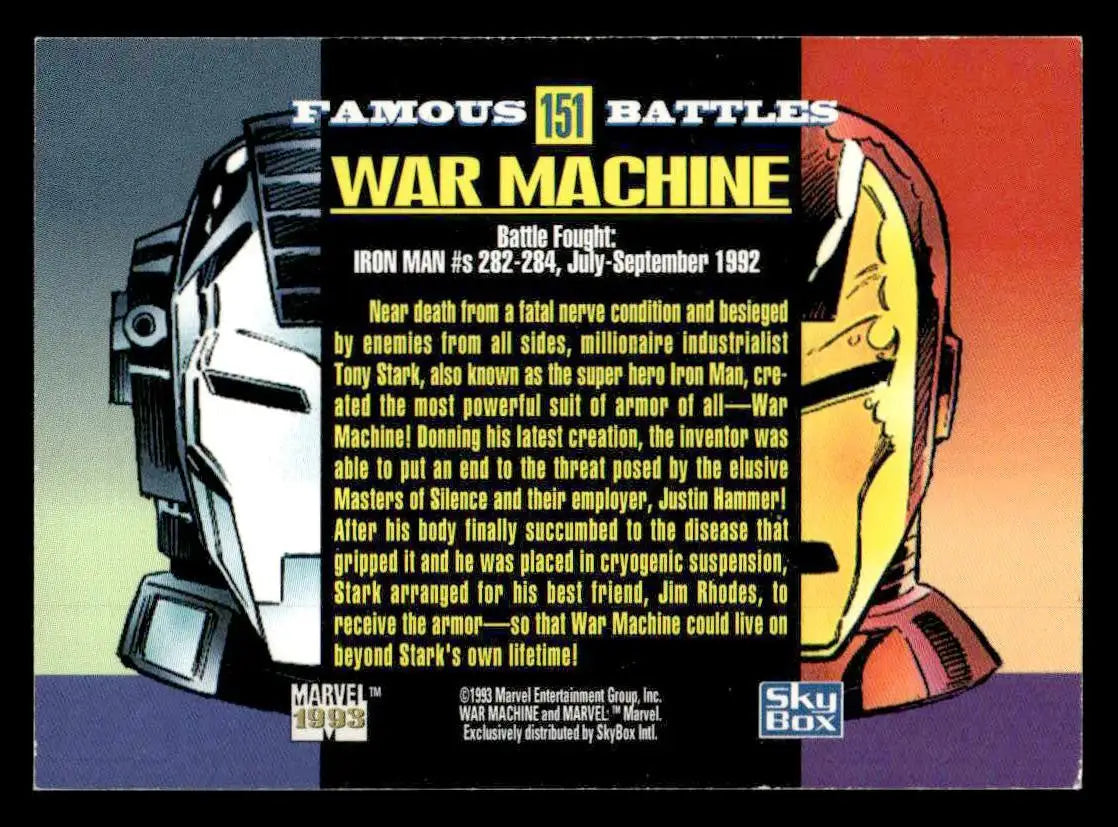 Collectible SkyBox Marvel card featuring War Machine and Iron Man helmets from 1993