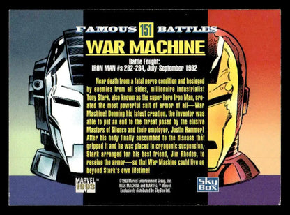 Collectible SkyBox Marvel card featuring War Machine and Iron Man helmets from 1993