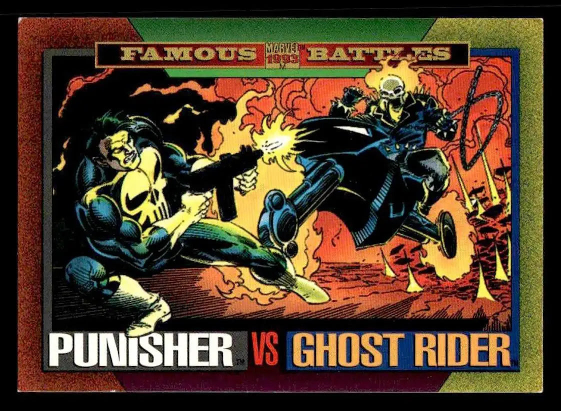 SkyBox Marvel Universe trading card featuring Punisher and Ghost Rider battle scene