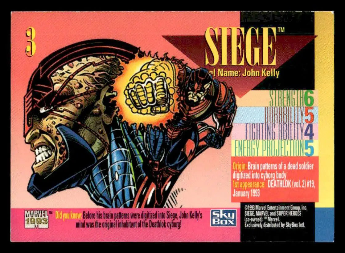 Vintage Marvel Universe trading card of Siege from 1993 SkyBox Marvel Universe series
