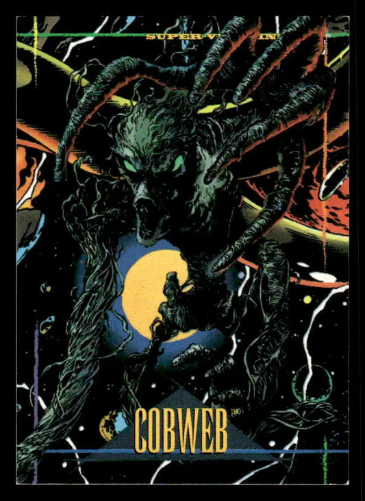 Vintage Marvel Universe SkyBox Marvel card of Cobweb monster with glowing eyes in cosmic setting