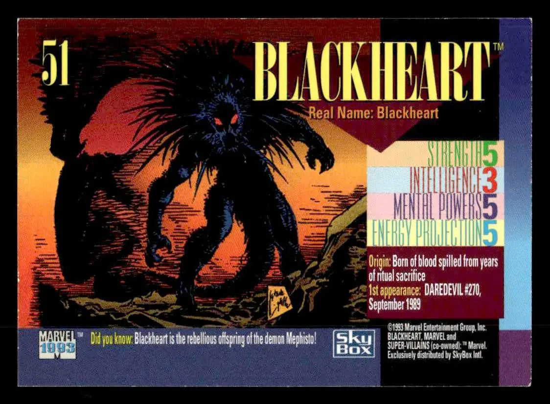 Collectible Blackheart trading card from 1993 SkyBox Marvel Universe series