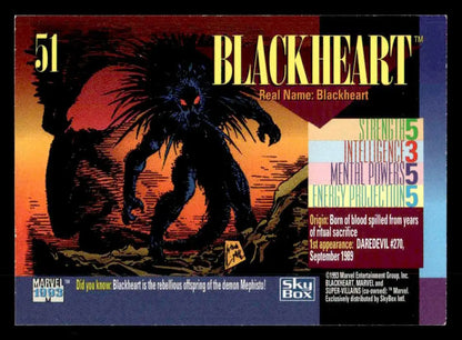 Collectible Blackheart trading card from 1993 SkyBox Marvel Universe series