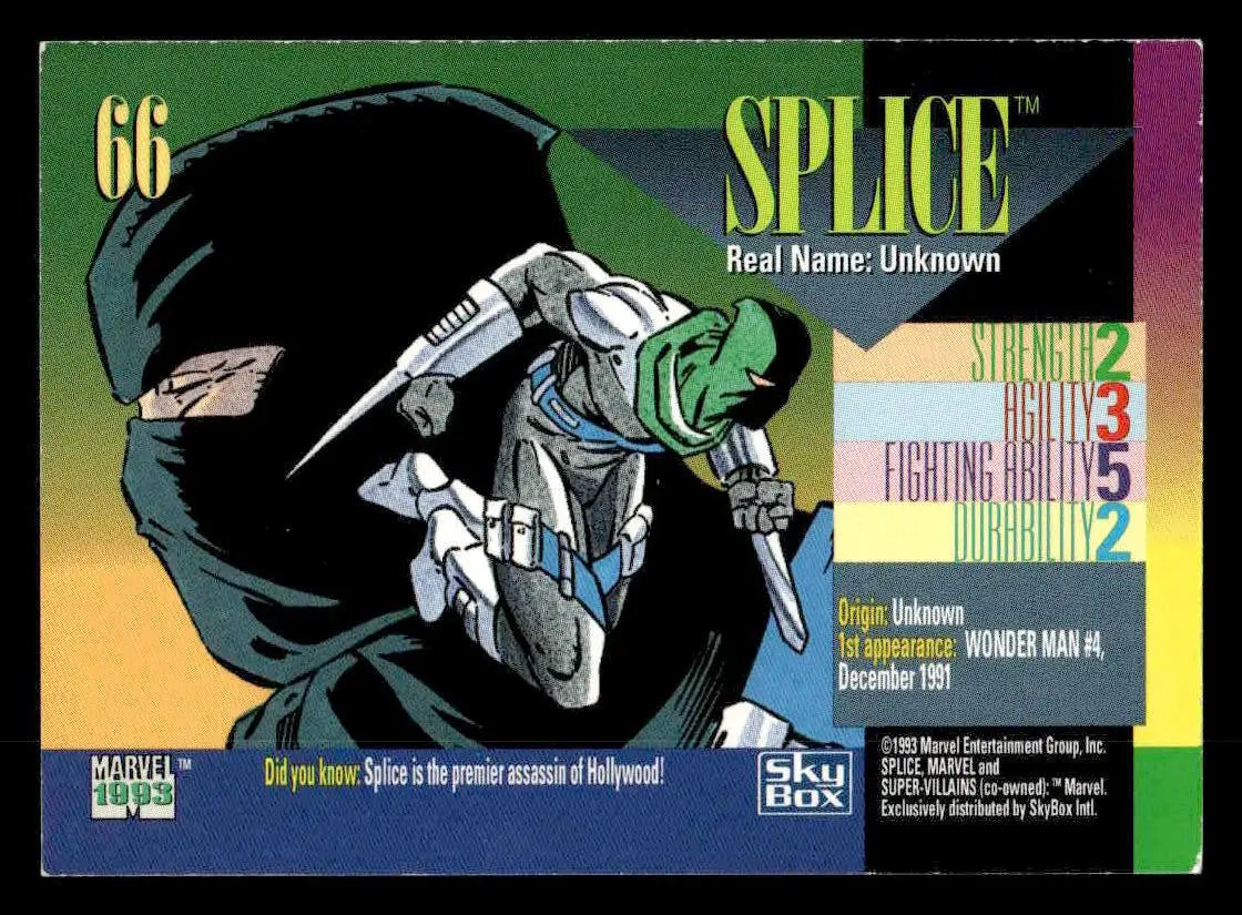 Collectible SkyBox Marvel Universe trading card of Splice with artwork and stats