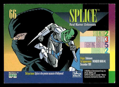 Collectible SkyBox Marvel Universe trading card of Splice with artwork and stats
