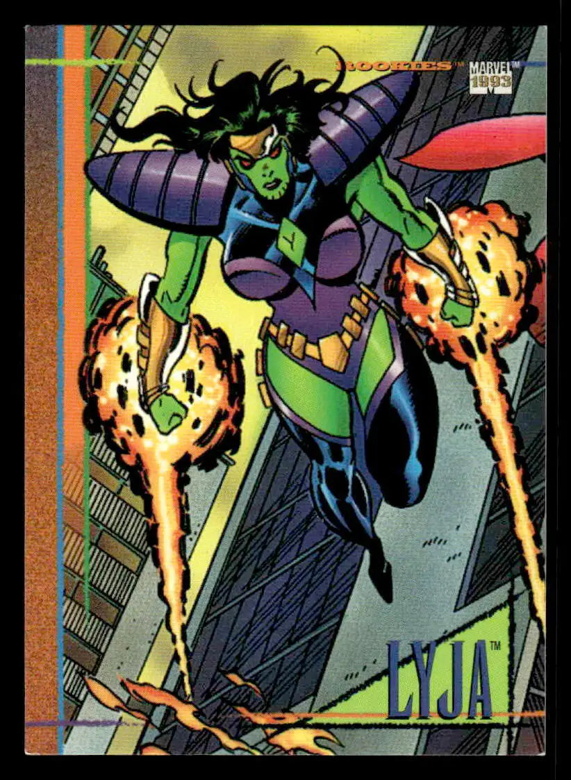 SkyBox Marvel Universe Lyja trading card featuring green-skinned shapeshifter flying with energy blasts