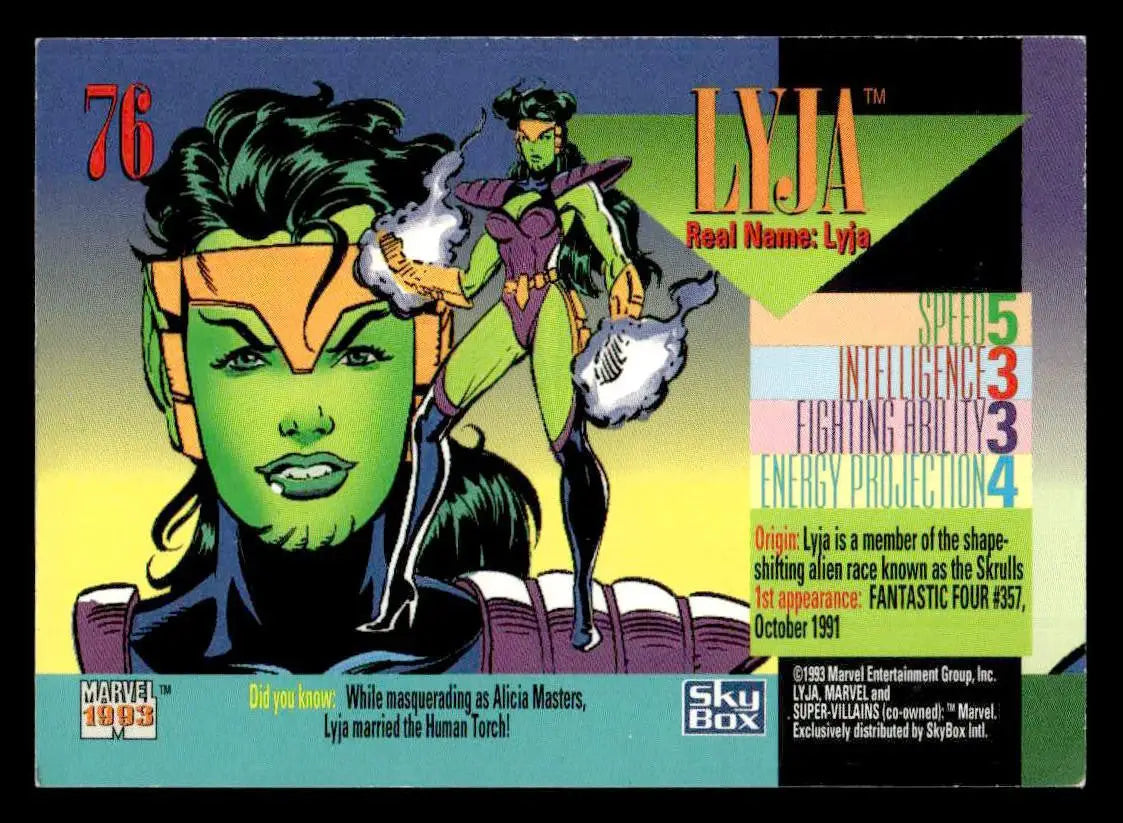 Lyja Marvel trading card from 1993 SkyBox Marvel Universe #76 collectible series