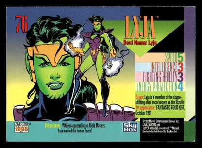 Vintage Lyja Marvel Comics trading card from 1993 SkyBox Marvel Universe collection