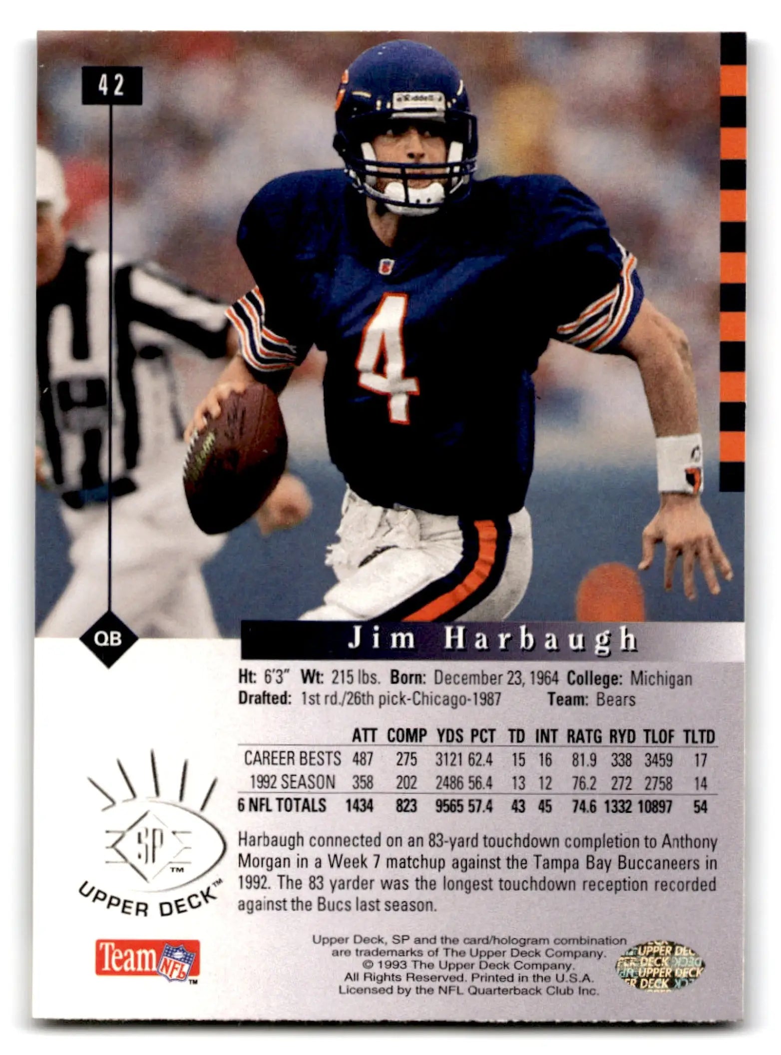 Football Jim Harbaugh 1993 Upper Deck card from 1993 SP Football Chicago Bears